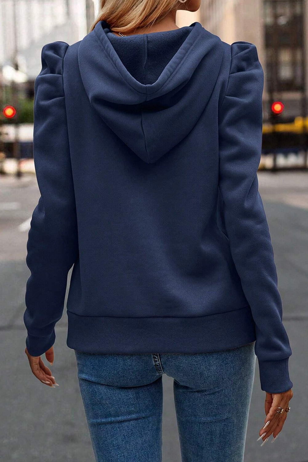 Dirty Blue Solid Color Ruched Puff Long Sleeve Hoodie