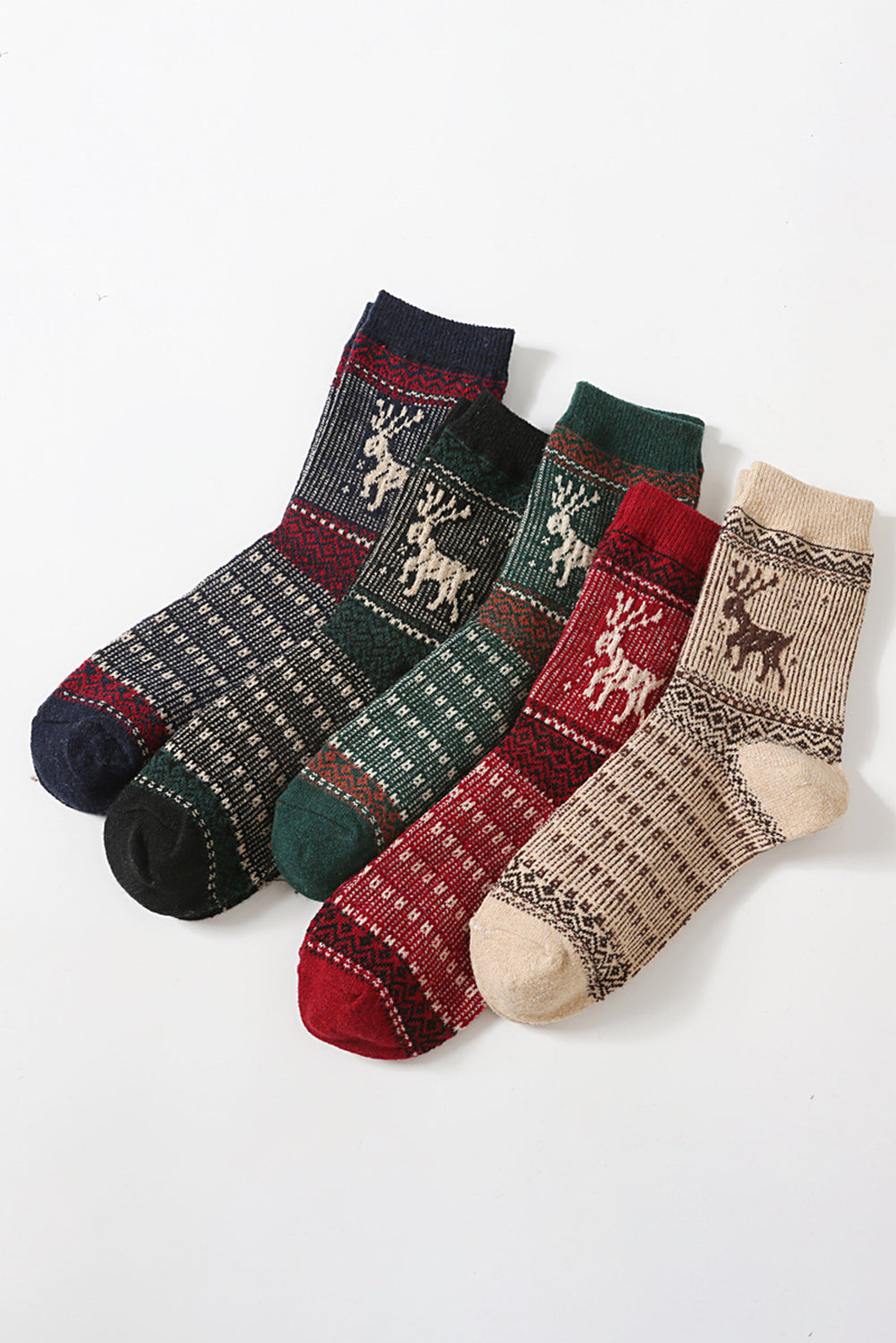 Blackish Green 5 Pairs Christmas Reindeer Soft Crew Socks