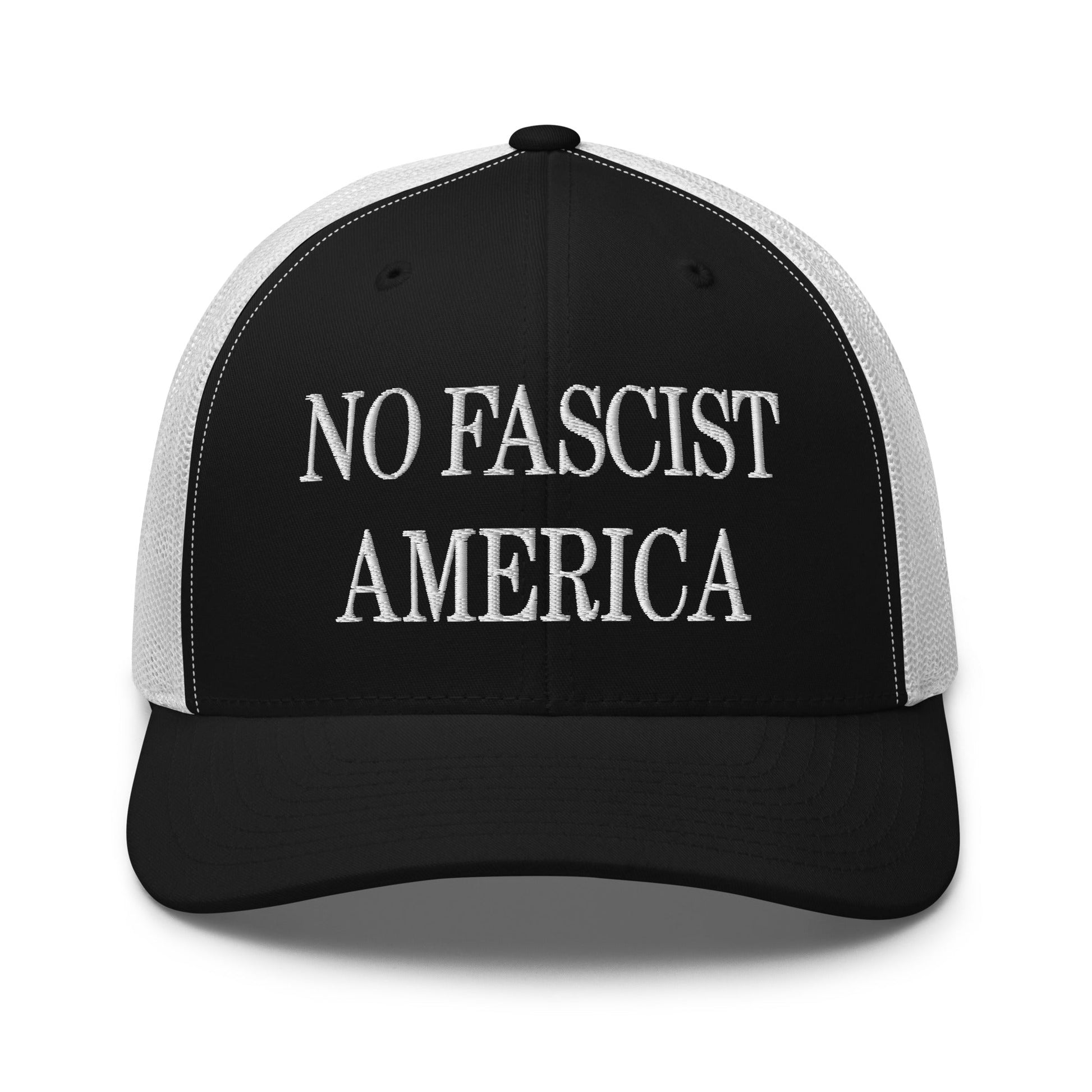 No Fascist America Embroidered Retro Mesh Trucker Hat - Black/ White