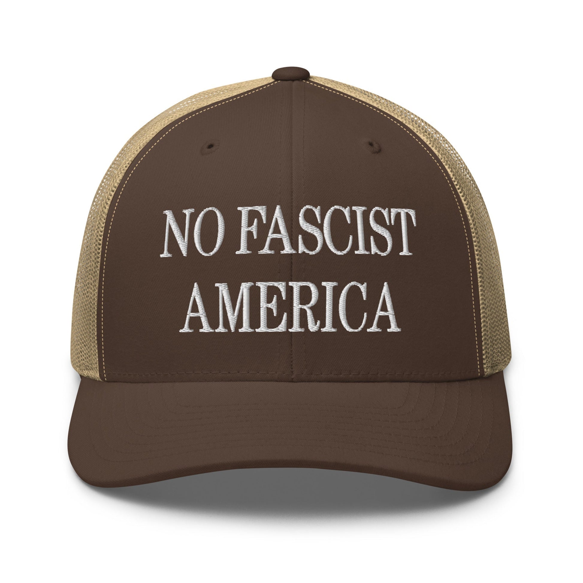 No Fascist America Embroidered Retro Mesh Trucker Hat - Brown/ Khaki