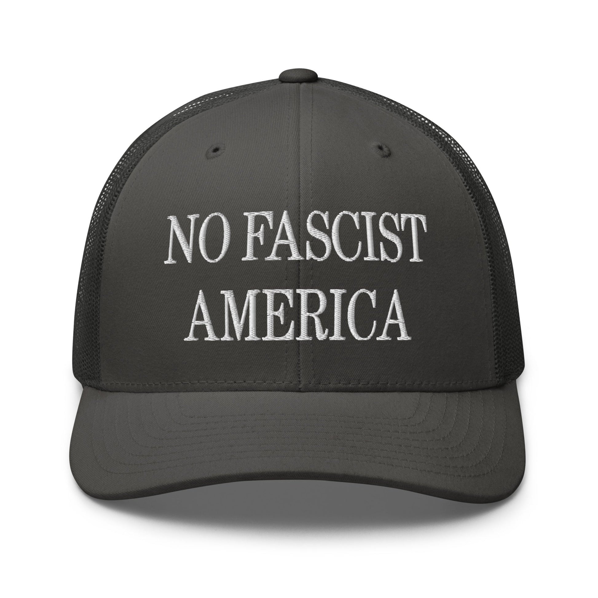 No Fascist America Embroidered Retro Mesh Trucker Hat - Charcoal