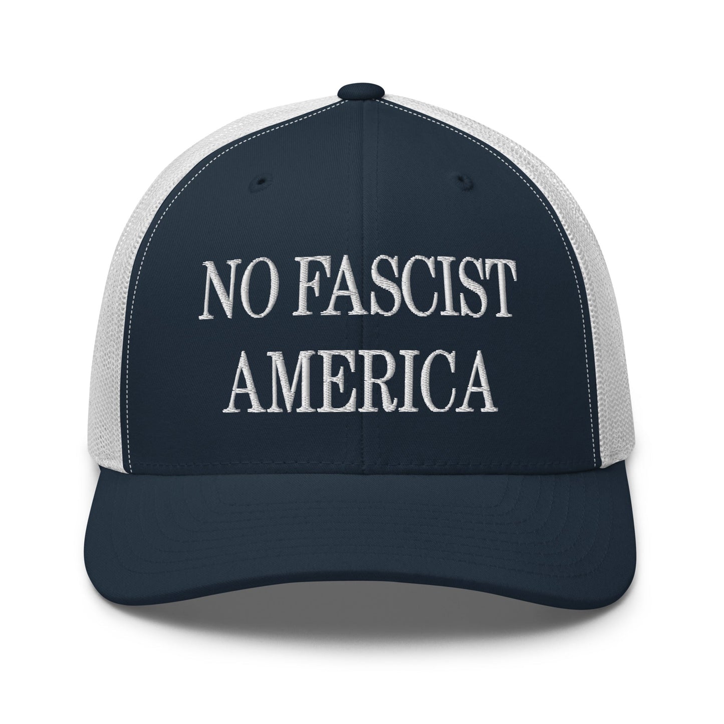 No Fascist America Embroidered Retro Mesh Trucker Hat - Navy/ White