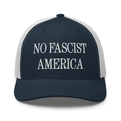 No Fascist America Embroidered Retro Mesh Trucker Hat - Navy/ White