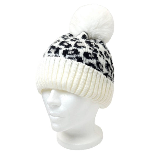 Fashion Pom Knit Toque - White with Black Leopard pattern - OSFA