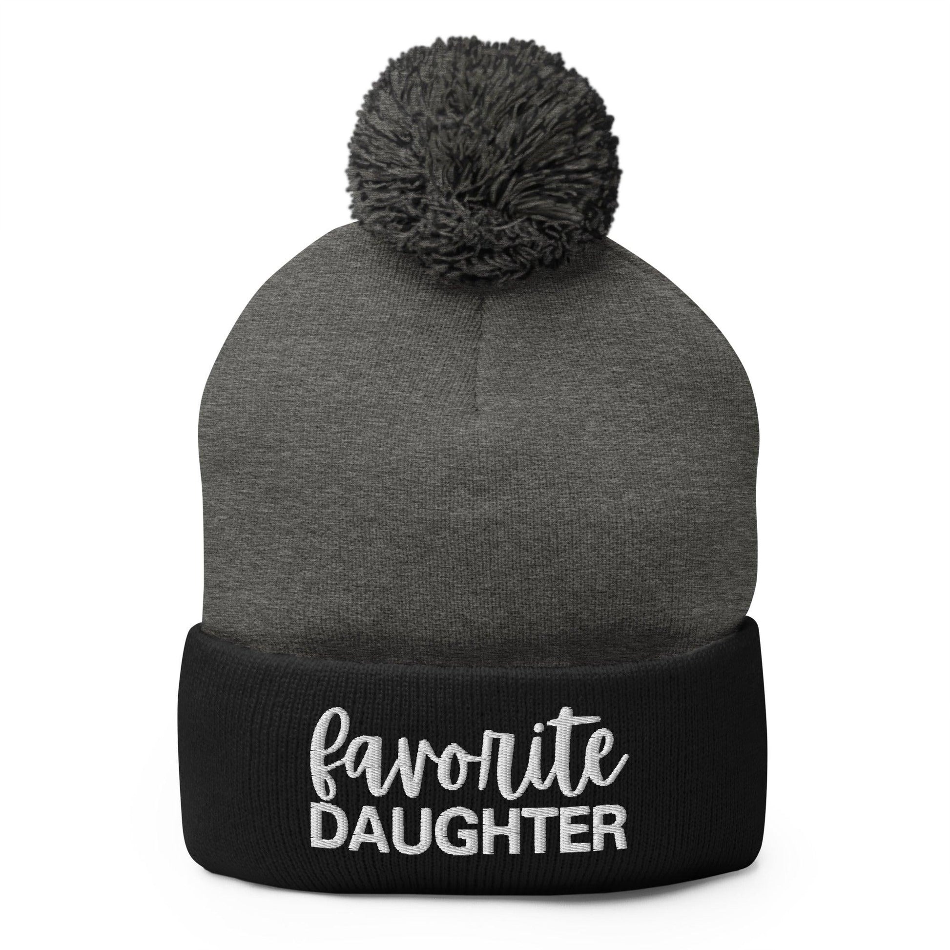 Favorite Daughter Embroidered Knit Pom Beanie - Dark Heather Grey/ Black