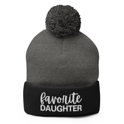 Favorite Daughter Embroidered Knit Pom Beanie - Dark Heather Grey/ Black