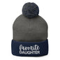 Favorite Daughter Embroidered Knit Pom Beanie - Dark Heather Grey/ Navy