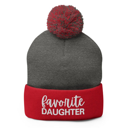 Favorite Daughter Embroidered Knit Pom Beanie - Dark Heather Grey/ Red