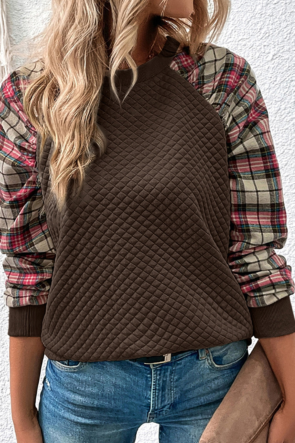 Apricot Plaid Print Quilted Raglan Sleeve Sweatshirt