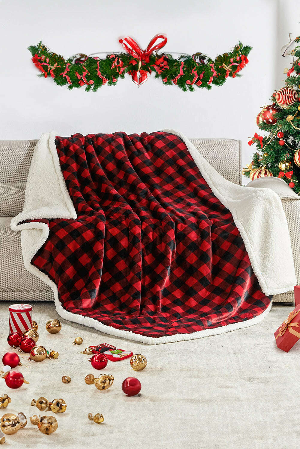 Accessories & Jewelry-Fiery Red Buffalo Plaid Print Sherpa Large Throw Blanket-torontoscreenprinting.ca