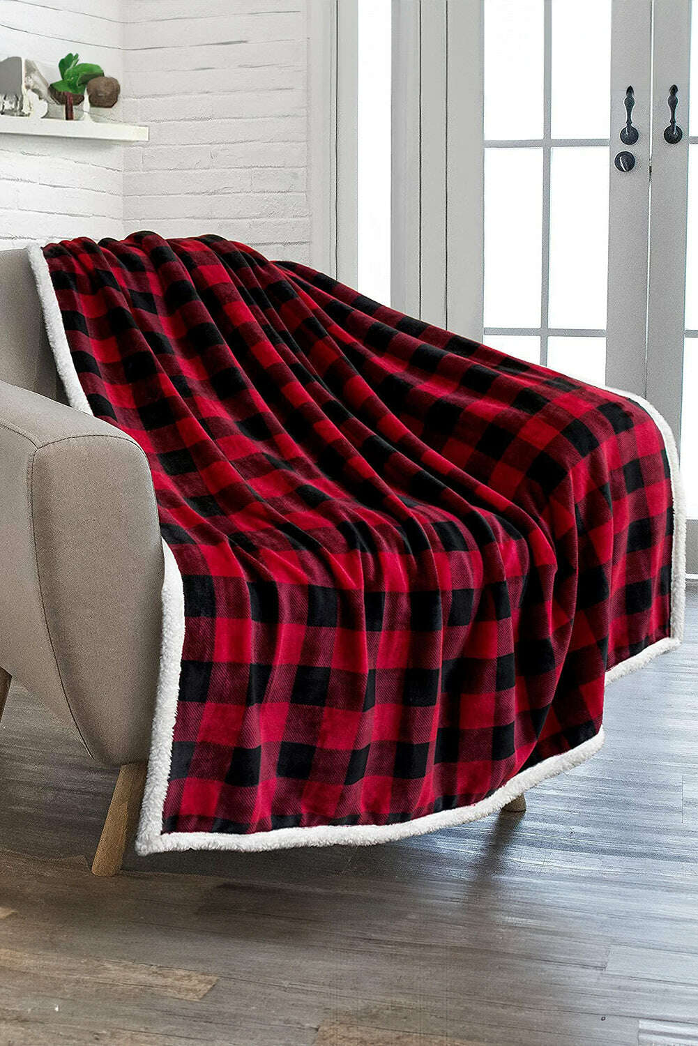 Accessories & Jewelry-Fiery Red Buffalo Plaid Print Sherpa Large Throw Blanket-torontoscreenprinting.ca