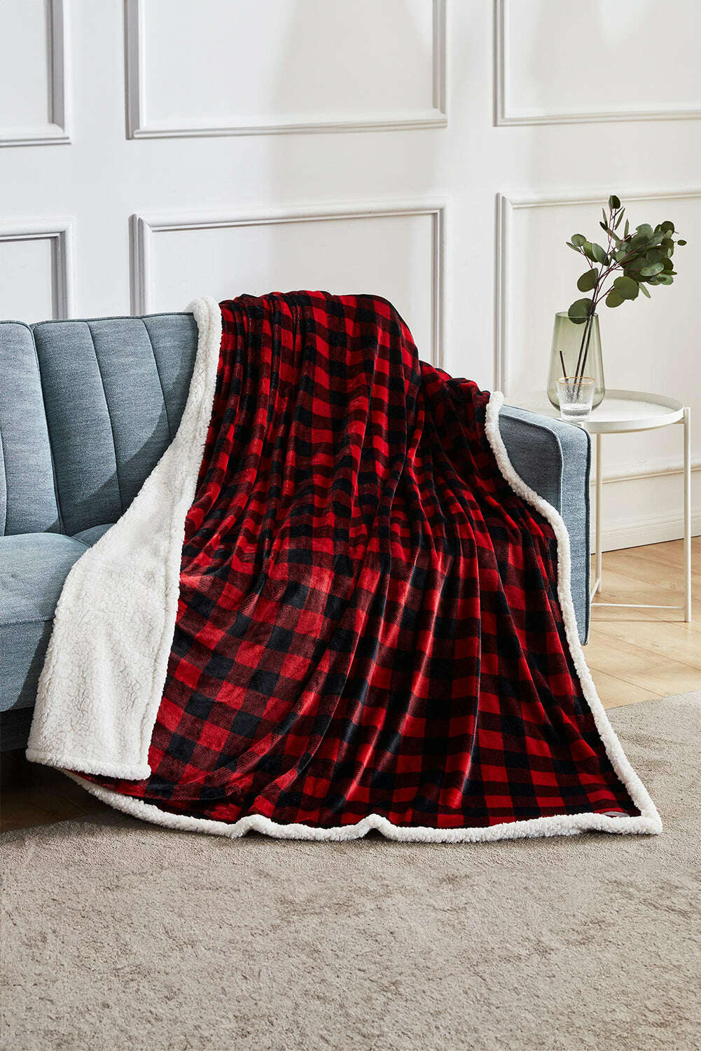 Accessories & Jewelry-Fiery Red Buffalo Plaid Print Sherpa Large Throw Blanket-torontoscreenprinting.ca