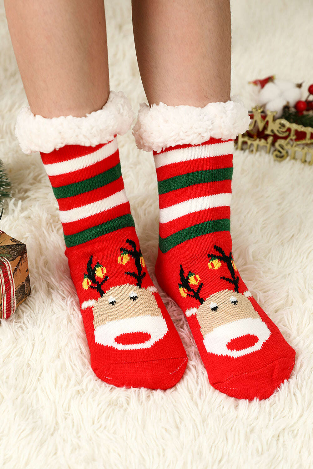 Accessories & Jewelry-Fiery Red Christmas Cartoon Pattern Woolen Knit Socks-torontoscreenprinting.ca