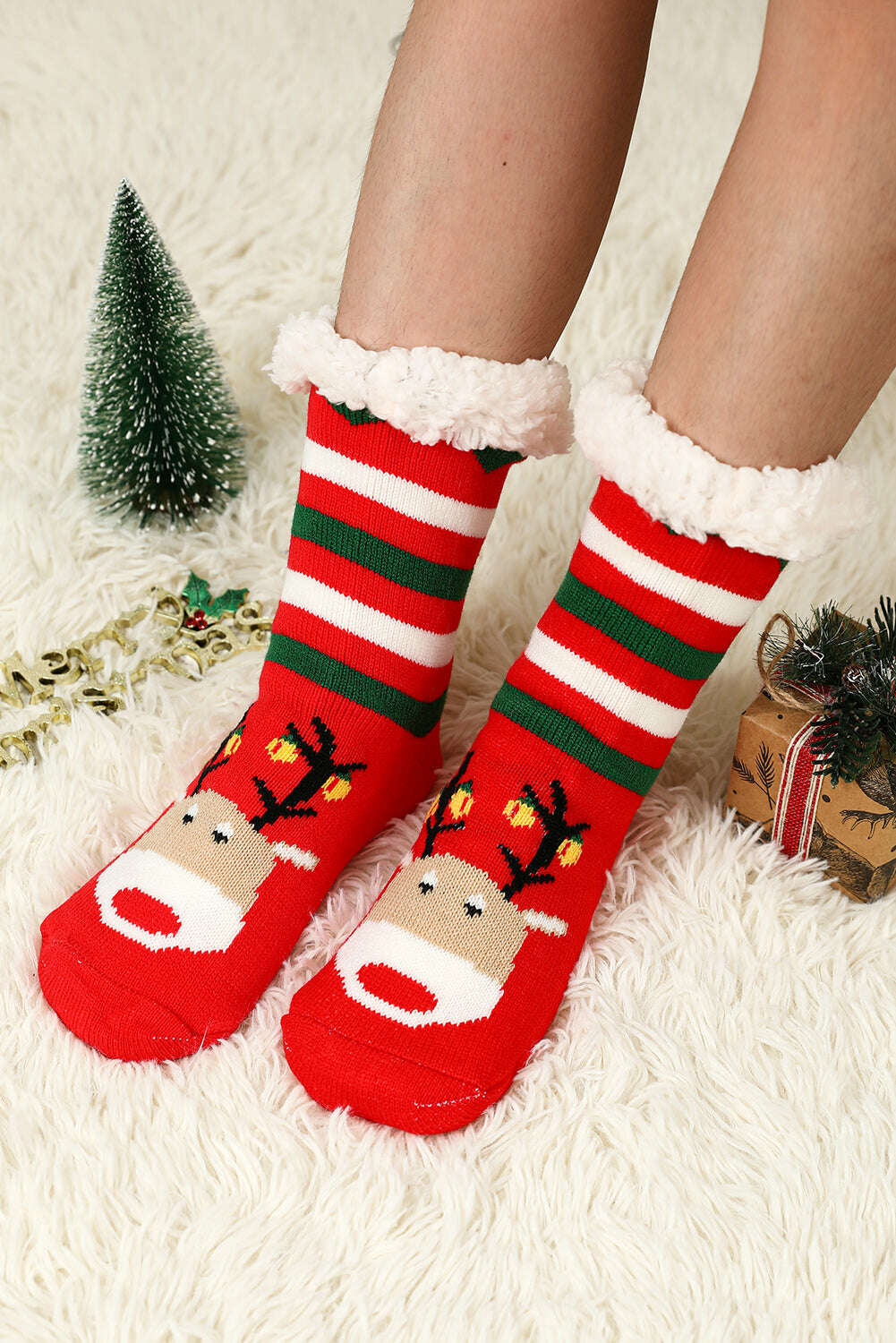 Accessories & Jewelry-Fiery Red Christmas Cartoon Pattern Woolen Knit Socks-torontoscreenprinting.ca