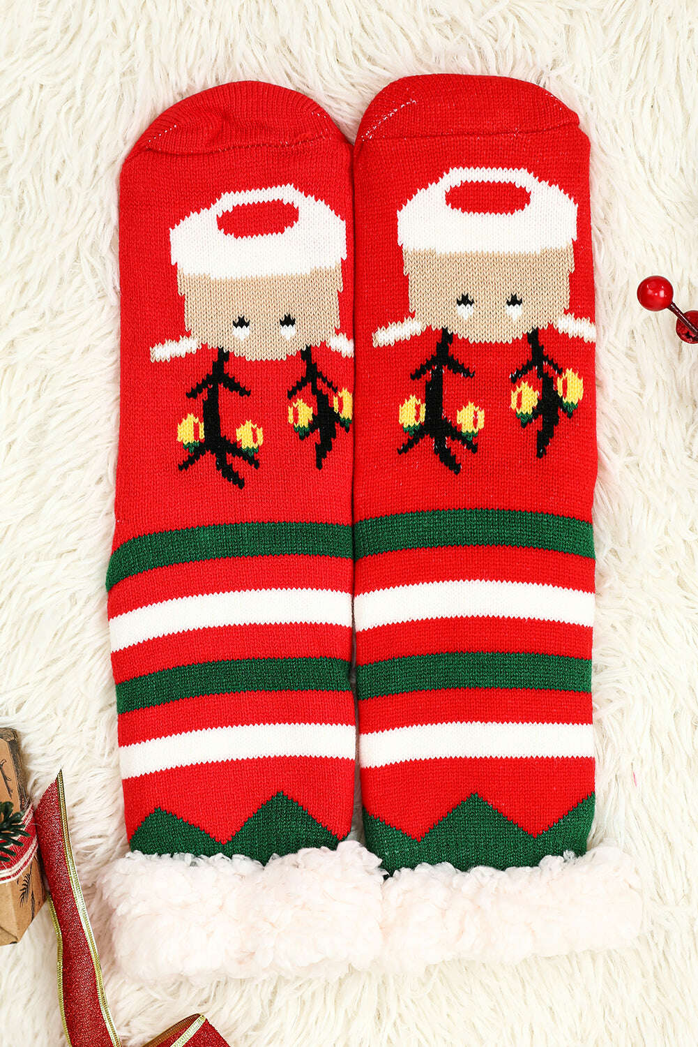 Accessories & Jewelry-Fiery Red Christmas Cartoon Pattern Woolen Knit Socks-torontoscreenprinting.ca