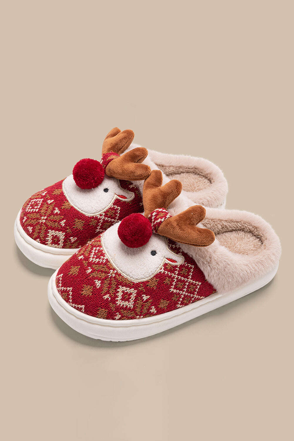 Slides Shoes + Flip Flops-Fiery Red Christmas Cartoon Reindeer Plush Home Slippers-torontoscreenprinting.ca