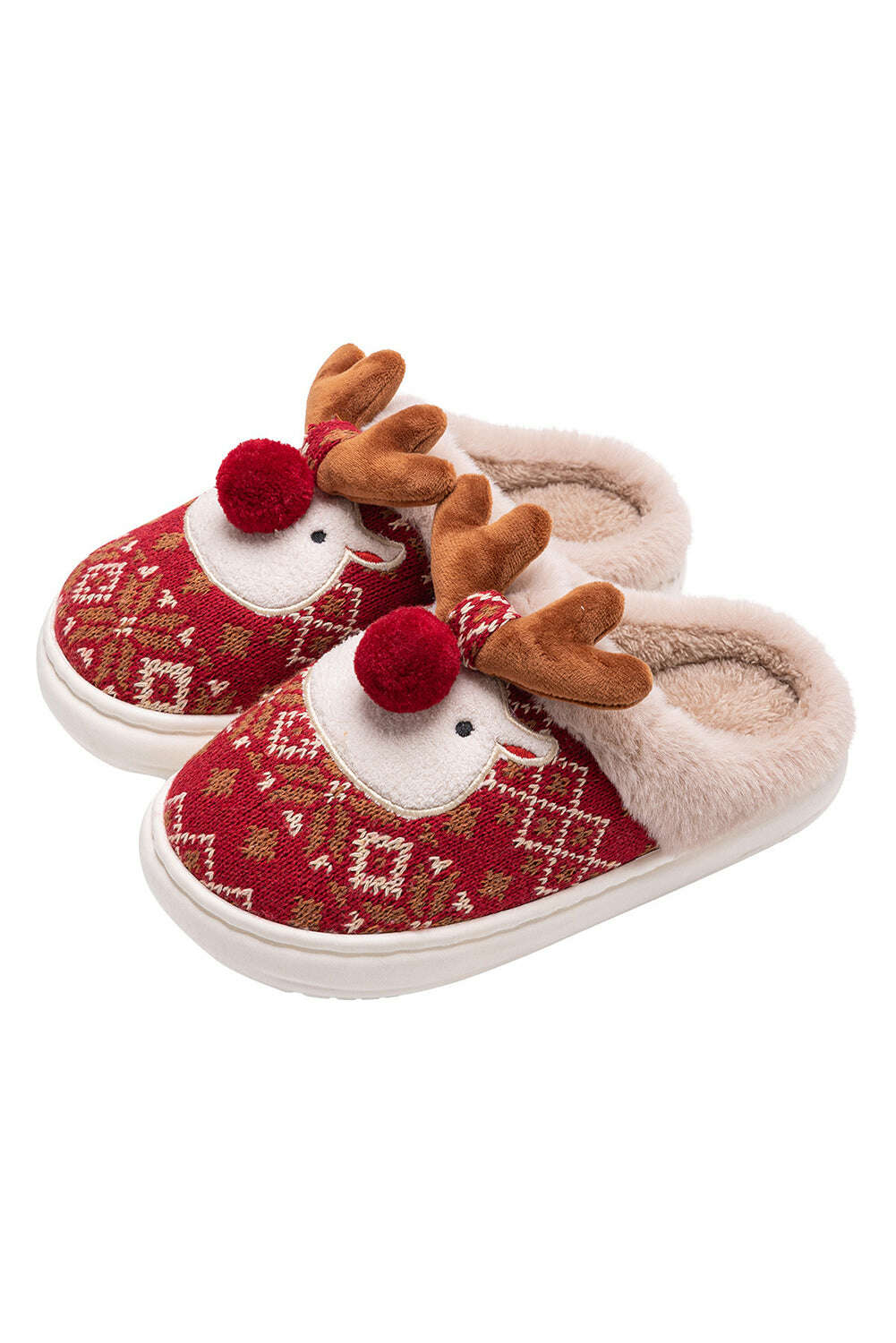 Slides Shoes + Flip Flops-Fiery Red Christmas Cartoon Reindeer Plush Home Slippers-torontoscreenprinting.ca