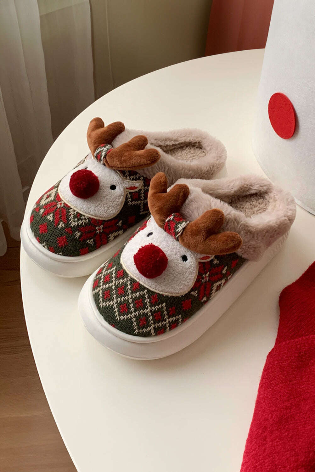 Slides Shoes + Flip Flops-Fiery Red Christmas Cartoon Reindeer Plush Home Slippers-torontoscreenprinting.ca