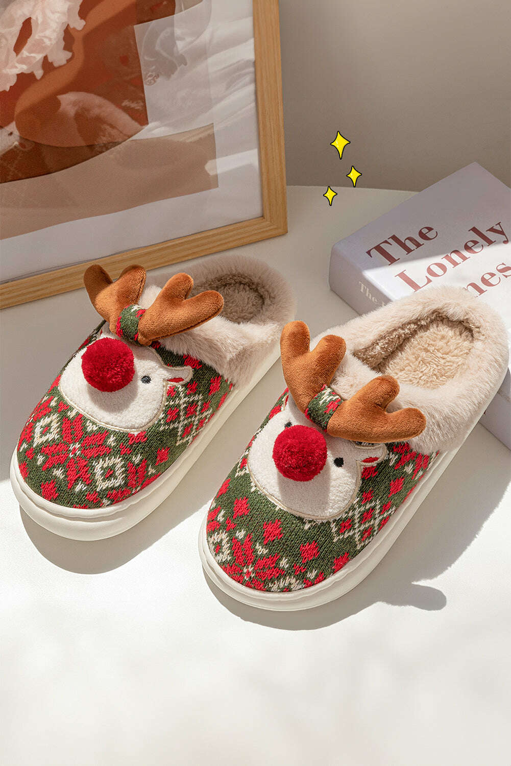 Slides Shoes + Flip Flops-Fiery Red Christmas Cartoon Reindeer Plush Home Slippers-torontoscreenprinting.ca