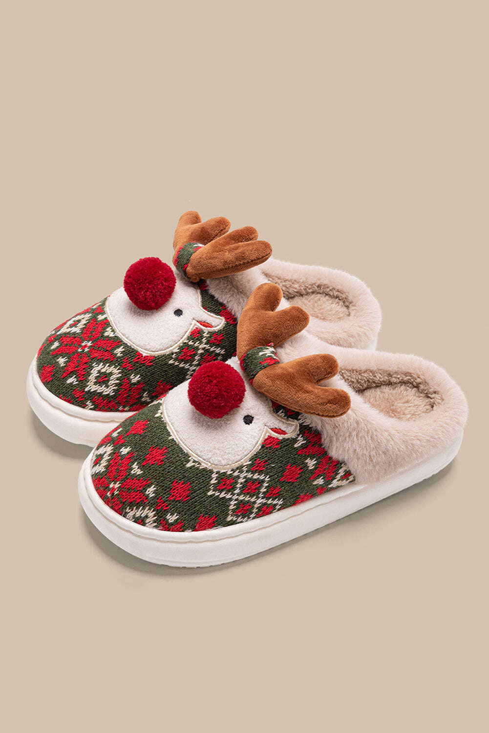 Slides Shoes + Flip Flops-Fiery Red Christmas Cartoon Reindeer Plush Home Slippers-torontoscreenprinting.ca