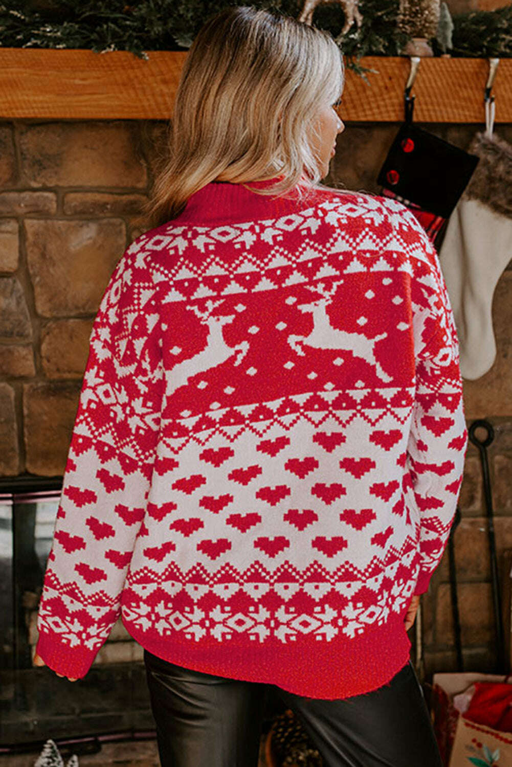 Sweaters-Fiery Red Christmas Reindeer Heart Pattern High Neck Sweater-torontoscreenprinting.ca