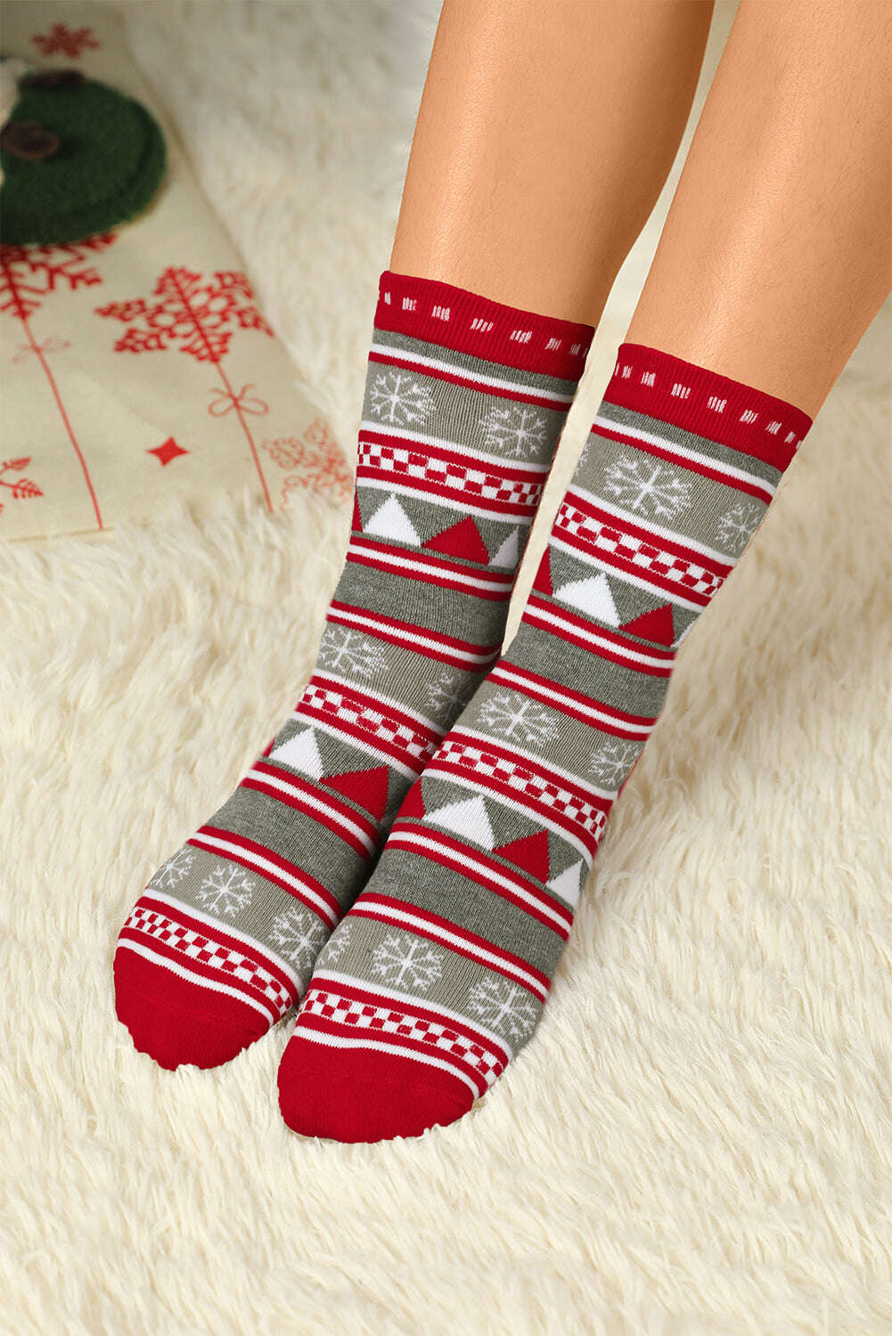 Accessories & Jewelry-Fiery Red Christmas Snowflake Crew Socks-torontoscreenprinting.ca