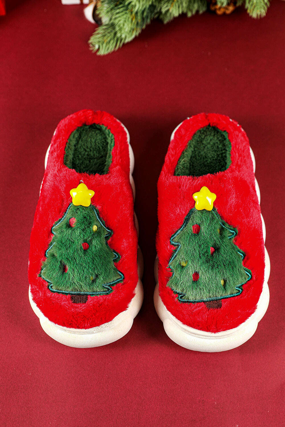 Slides Shoes + Flip Flops-Fiery Red Christmas Tree Graphic Plush Slippers-torontoscreenprinting.ca