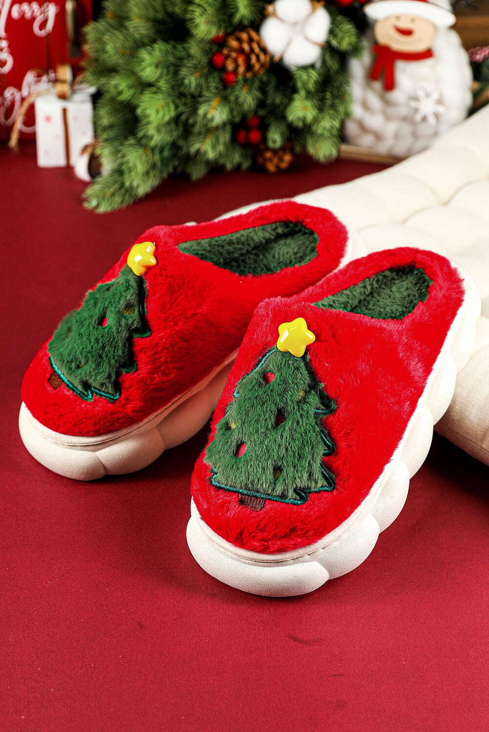 Slides Shoes + Flip Flops-Fiery Red Christmas Tree Graphic Plush Slippers-torontoscreenprinting.ca