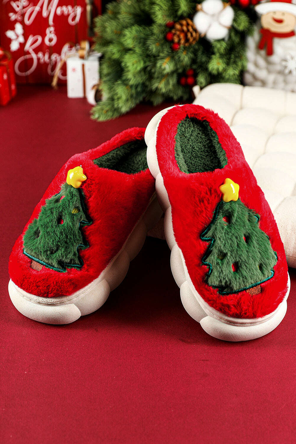 Slides Shoes + Flip Flops-Fiery Red Christmas Tree Graphic Plush Slippers-torontoscreenprinting.ca