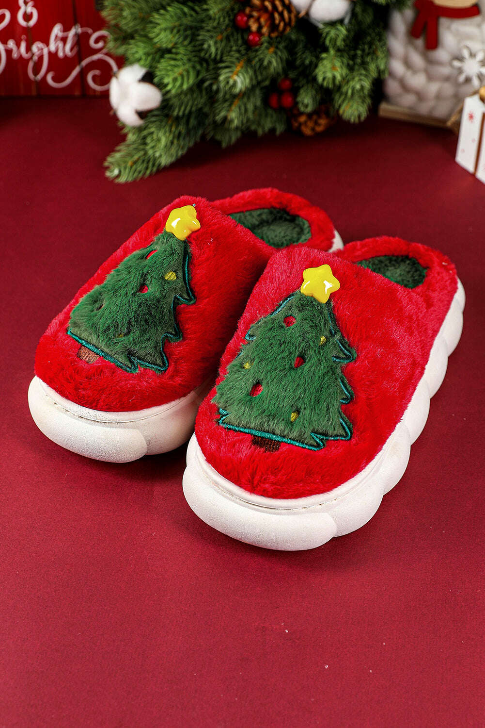 Slides Shoes + Flip Flops-Fiery Red Christmas Tree Graphic Plush Slippers-torontoscreenprinting.ca