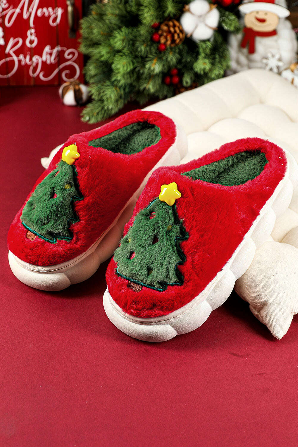 Slides Shoes + Flip Flops-Fiery Red Christmas Tree Graphic Plush Slippers-torontoscreenprinting.ca