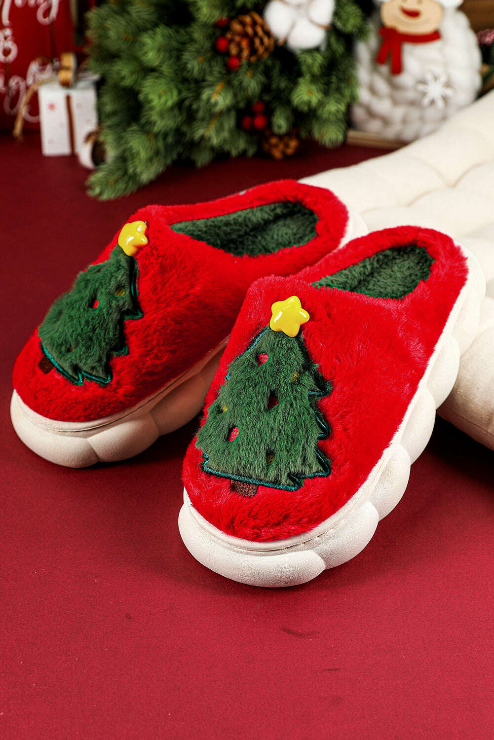 Slides Shoes + Flip Flops-Fiery Red Christmas Tree Graphic Plush Slippers-torontoscreenprinting.ca