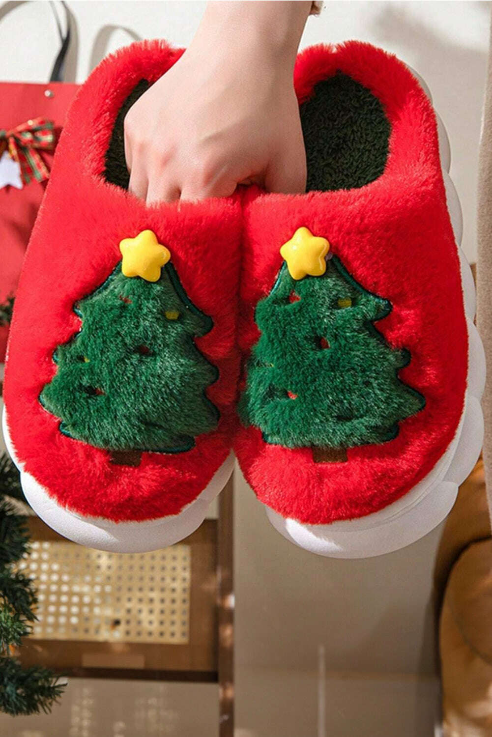 Slides Shoes + Flip Flops-Fiery Red Christmas Tree Graphic Plush Slippers-torontoscreenprinting.ca