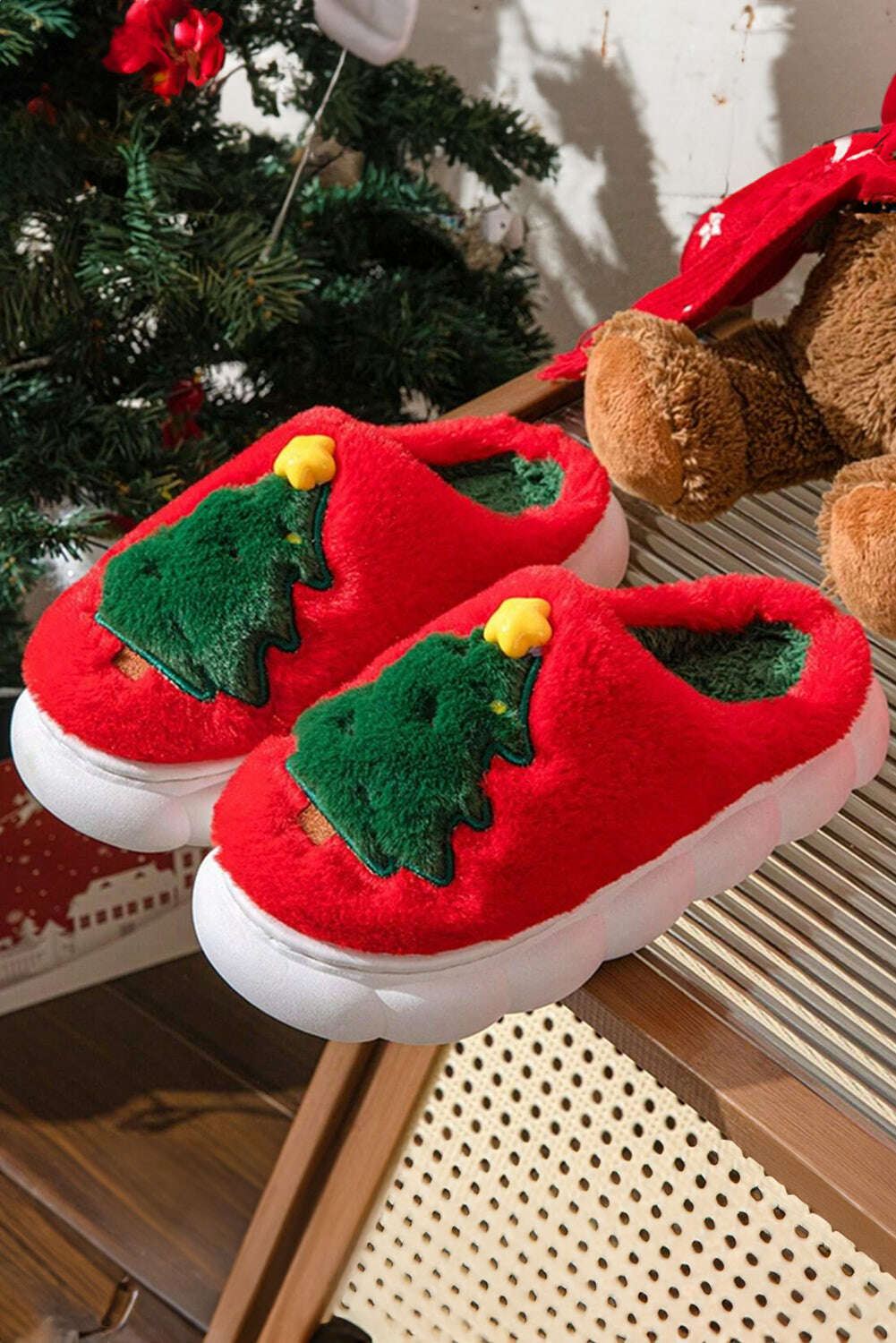 Slides Shoes + Flip Flops-Fiery Red Christmas Tree Graphic Plush Slippers-torontoscreenprinting.ca