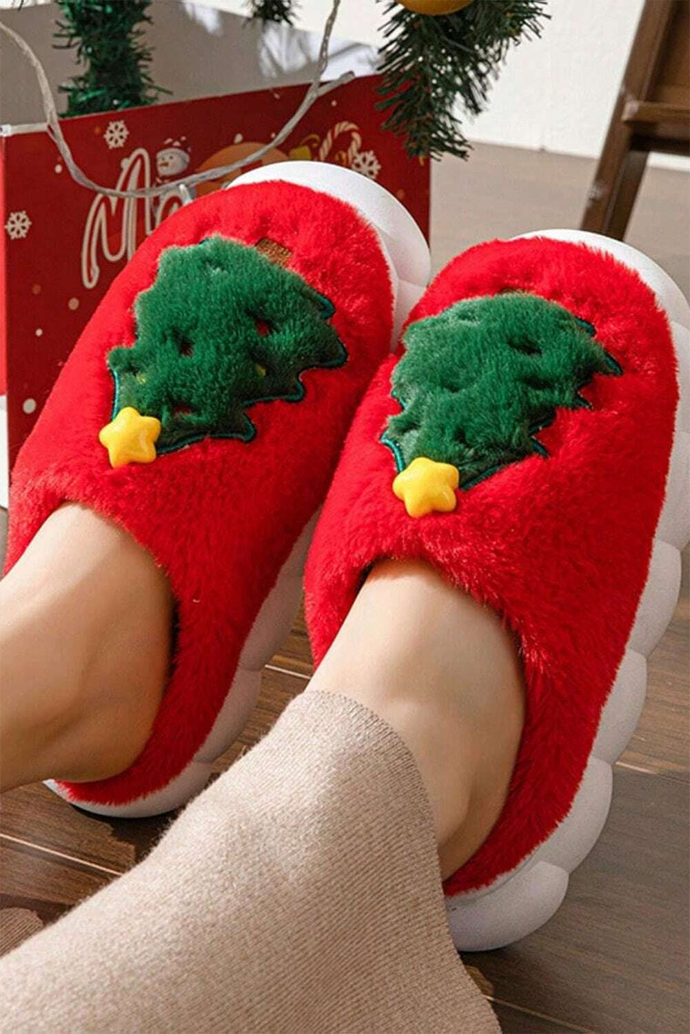 Slides Shoes + Flip Flops-Fiery Red Christmas Tree Graphic Plush Slippers-torontoscreenprinting.ca