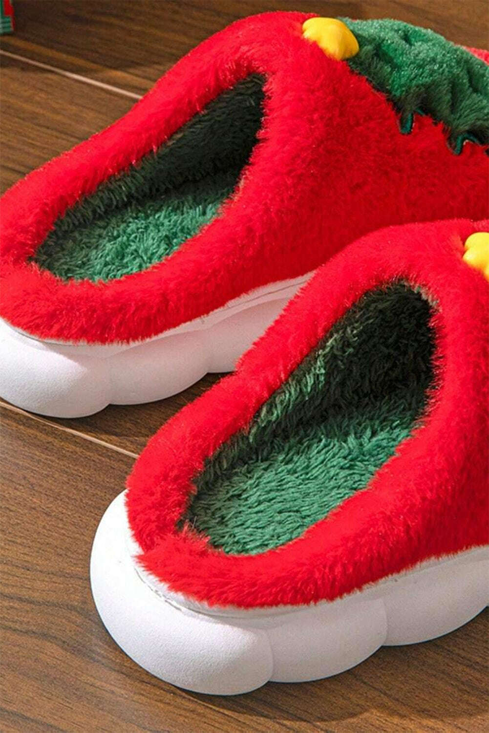 Slides Shoes + Flip Flops-Fiery Red Christmas Tree Graphic Plush Slippers-torontoscreenprinting.ca