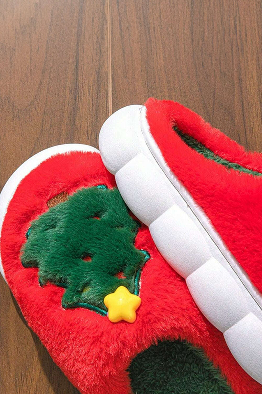 Slides Shoes + Flip Flops-Fiery Red Christmas Tree Graphic Plush Slippers-torontoscreenprinting.ca