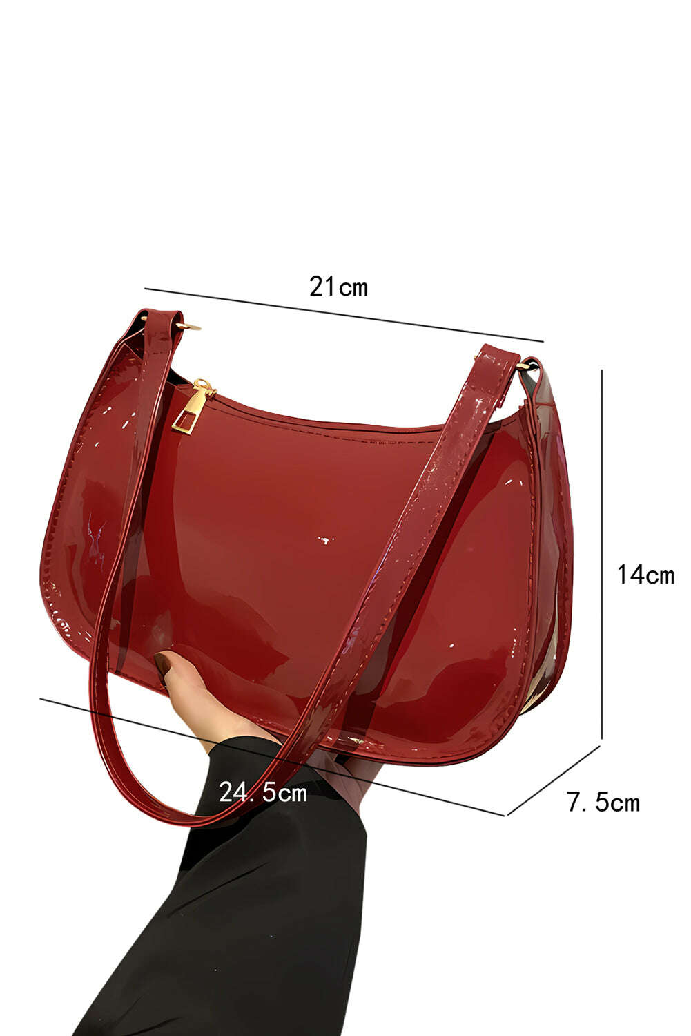 Shoulder Bag-Fiery Red Patent Leather Zipper Shoulder Bag-torontoscreenprinting.ca