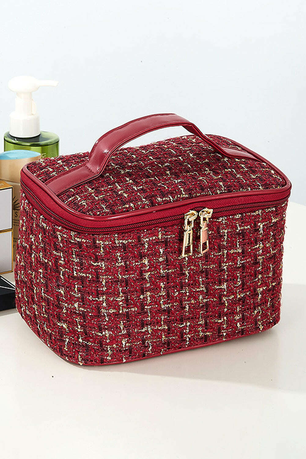 Bags-Fiery Red Plaid Zipper Large Cosmetic Bag-torontoscreenprinting.ca