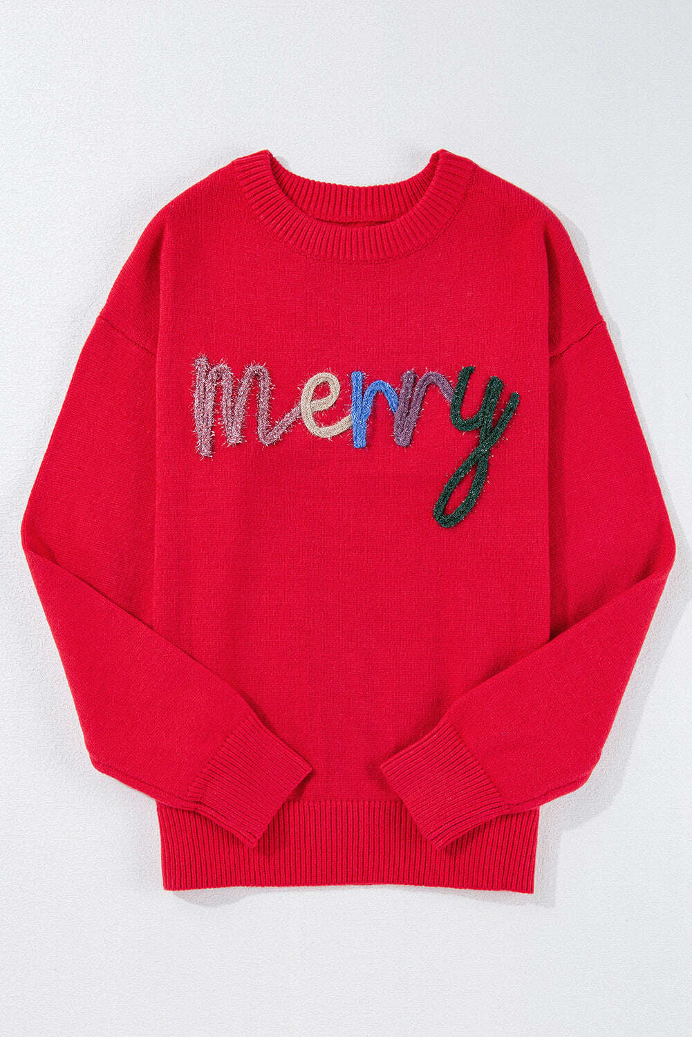 Sweaters-Fiery Red Tinsel Merry Letter Drop Shoulder Baggy Sweater-torontoscreenprinting.ca