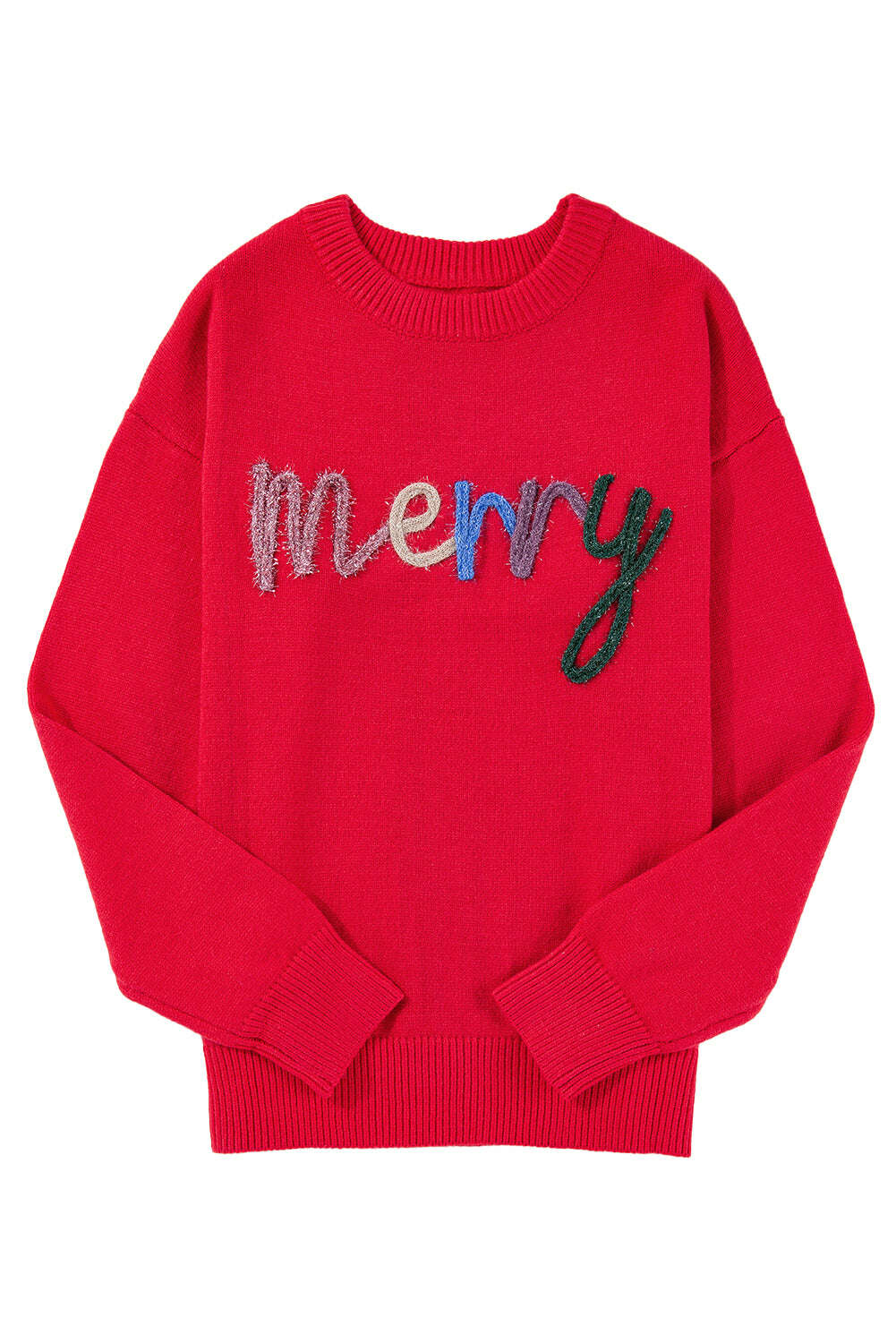 Sweaters-Fiery Red Tinsel Merry Letter Drop Shoulder Baggy Sweater-torontoscreenprinting.ca