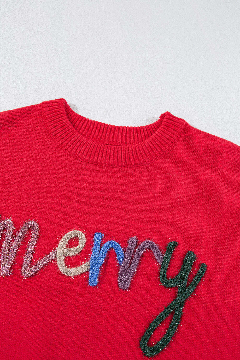 Sweaters-Fiery Red Tinsel Merry Letter Drop Shoulder Baggy Sweater-torontoscreenprinting.ca