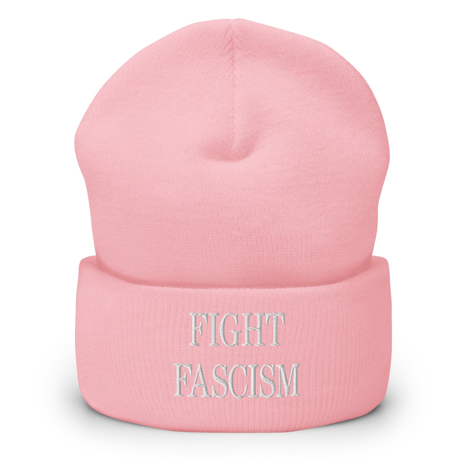 Fight Fascism Embroidered Cuffed Knit Beanie - Baby Pink