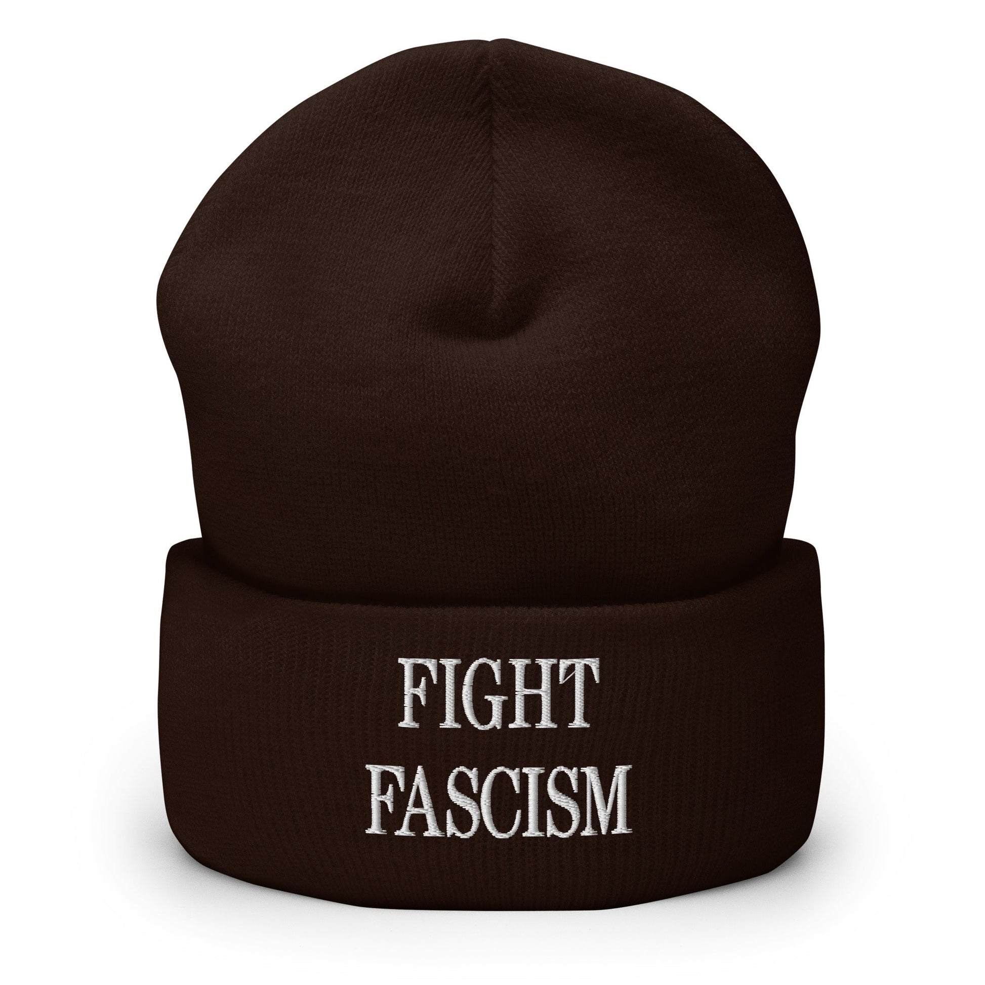 Fight Fascism Embroidered Cuffed Knit Beanie - Brown