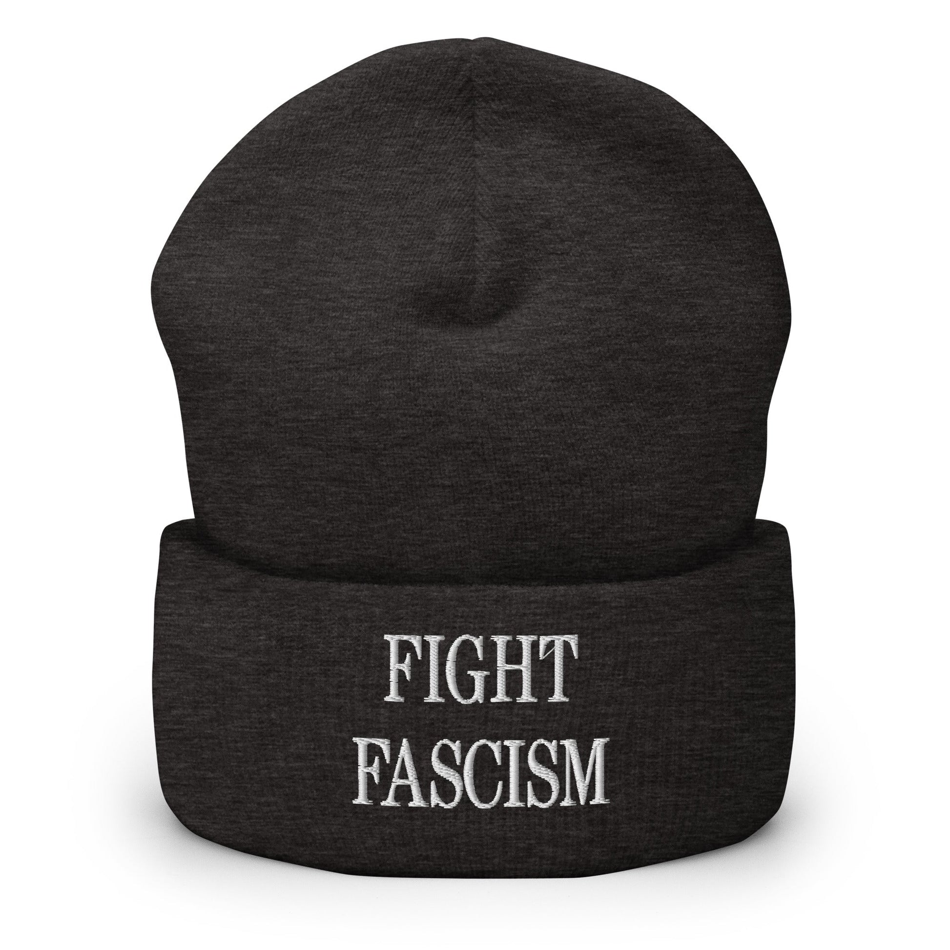 Fight Fascism Embroidered Cuffed Knit Beanie - Dark Grey