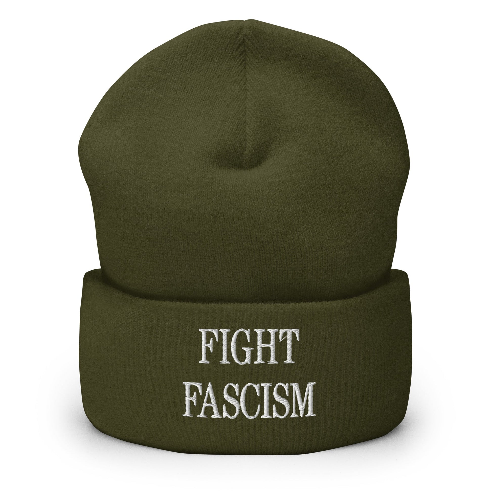 Fight Fascism Embroidered Cuffed Knit Beanie - Olive