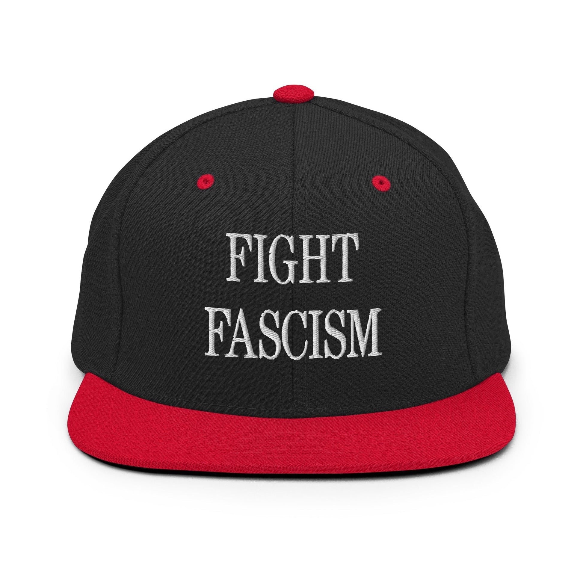 Fight Fascism Embroidered Flat Brim Bill Snapback Hat - Black/ Red