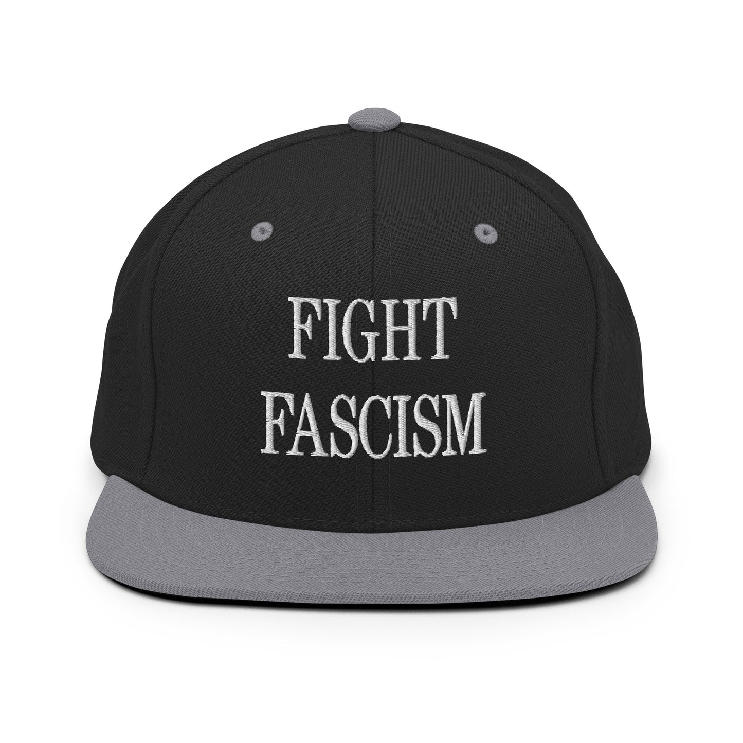 Fight Fascism Embroidered Flat Brim Bill Snapback Hat - Black/ Silver