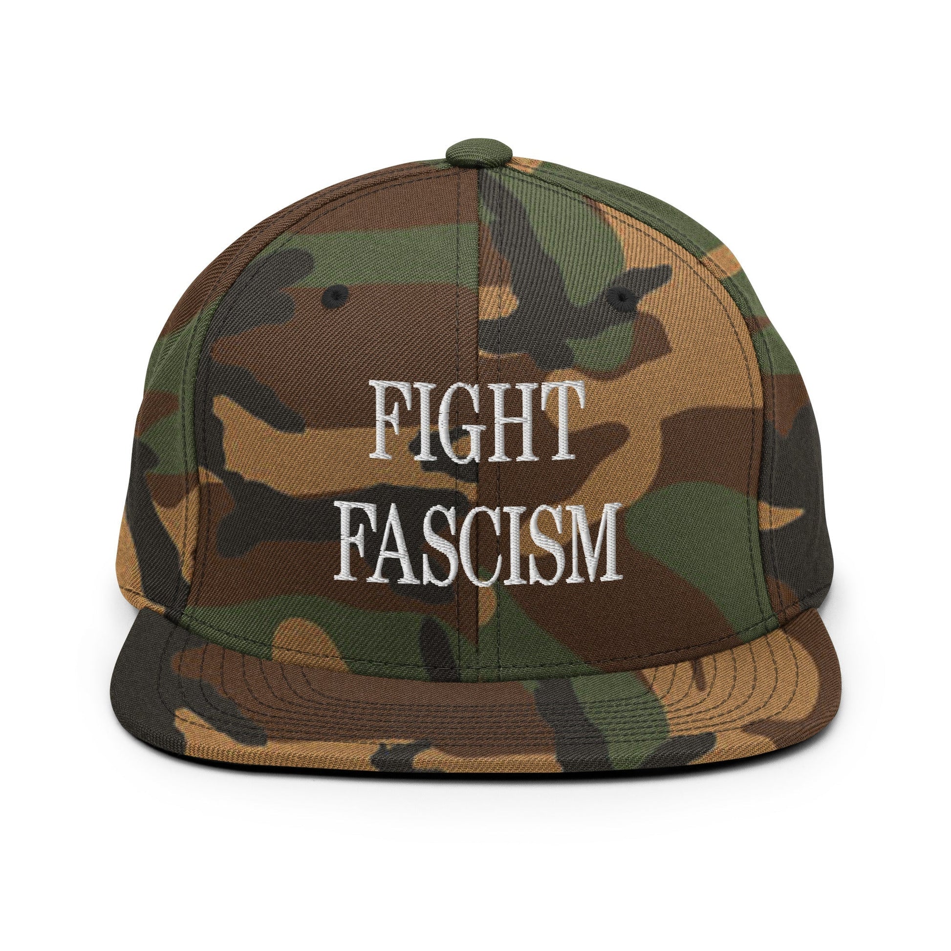 Fight Fascism Embroidered Flat Brim Bill Snapback Hat - Green Camo
