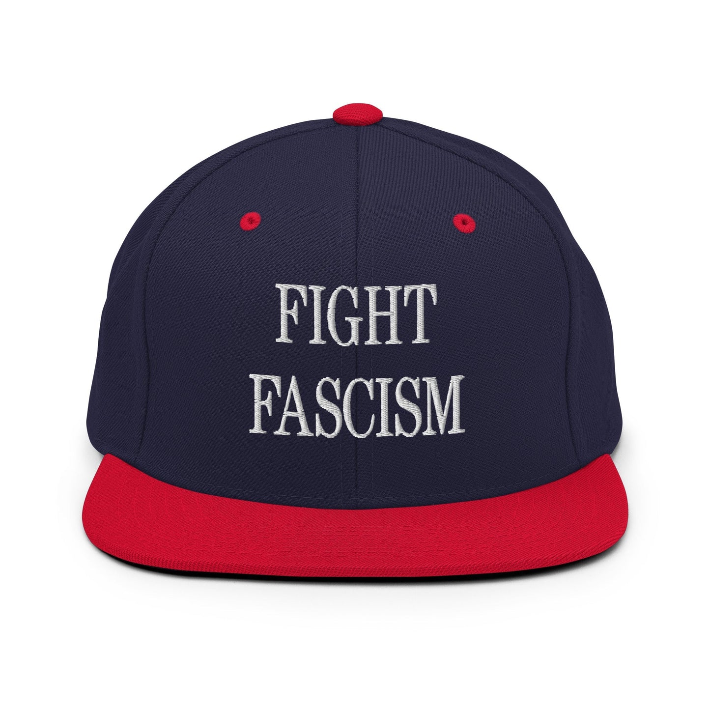 Fight Fascism Embroidered Flat Brim Bill Snapback Hat - Navy/ Red